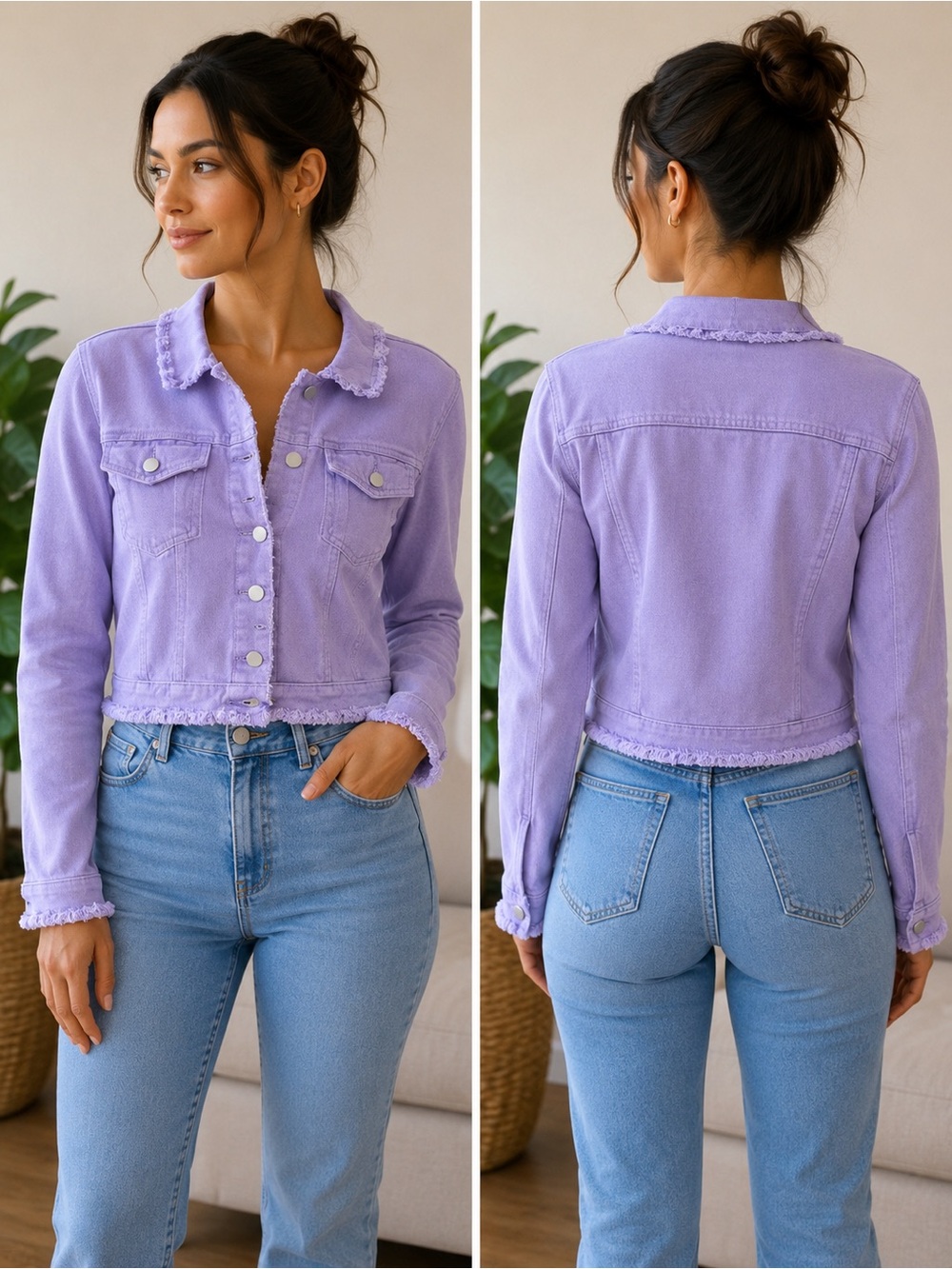 Lavender Frayed Hem Denim Jacket